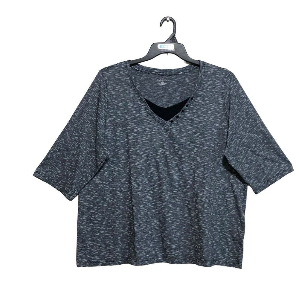 Catherines T-Shirt Top Womens Size 0X 14/16 Gray Heather 3/4 Sleeve V-Neck